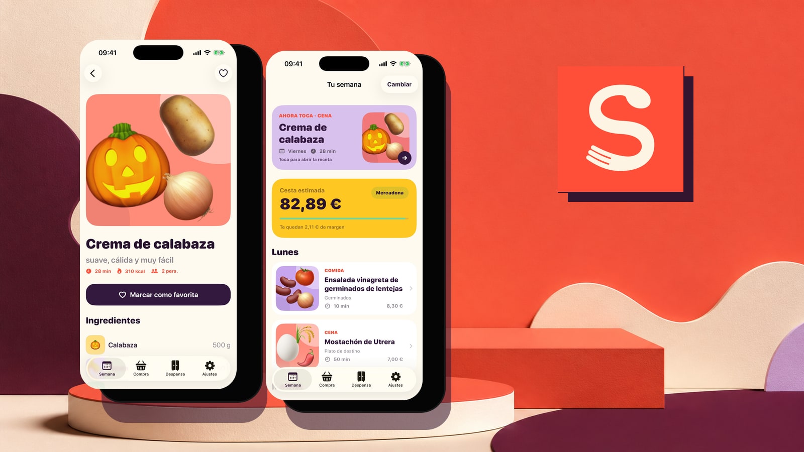 Dos iPhone con las pantallas de recetas y planificación semanal de Saborío junto a su logotipo oficial